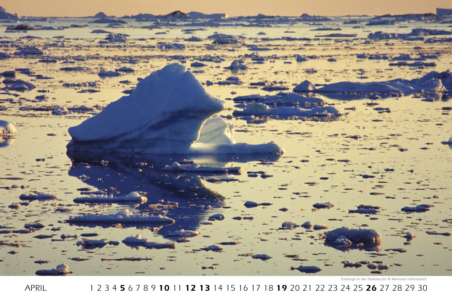 Eisberge in der Diskobucht (Foto: Manuela Hahnebach) . Fotokalender Grönland 2009 . Fotografie Manuela Hahnebach & Andreas Kuhrt (Gestaltung: Designakut 2008)