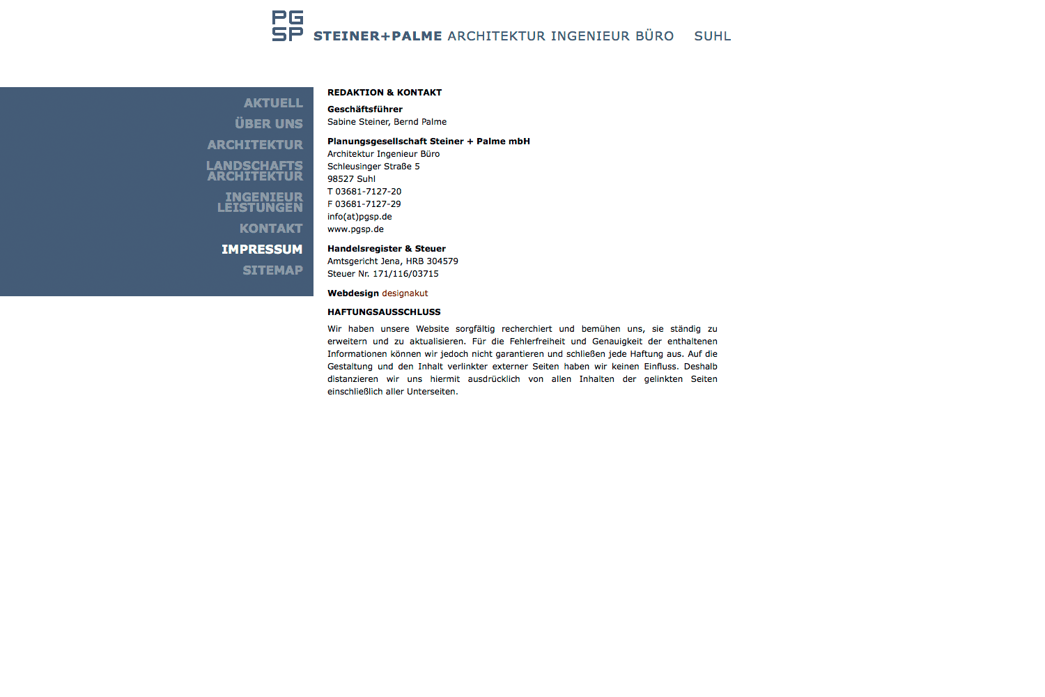 Impressum . Architektur-Ingenieur-Büro Steiner + Palme PGSP . Website . 2009