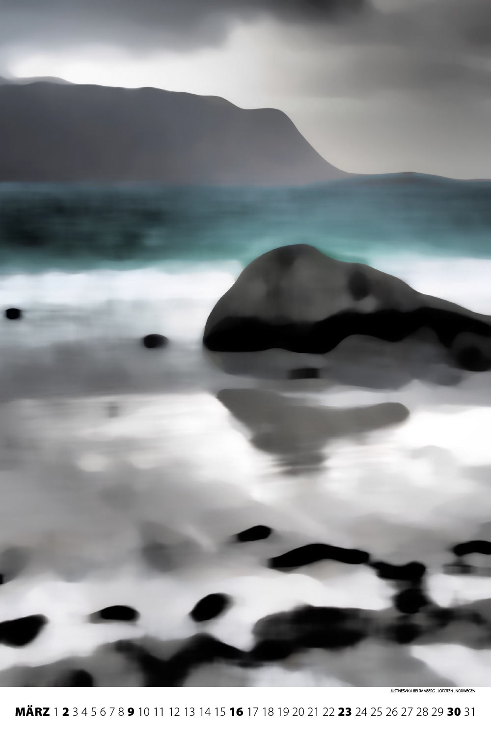 Justnesvika auf den Lofoten in Norwegen (Foto: Andreas Kuhrt 2013, Bearbeitung) . Fotokalender Bergrausch 2014 Fotoakut (Gestaltung: Designakut 2013)