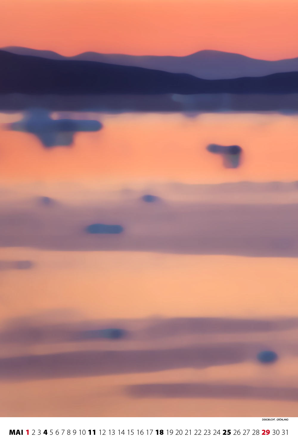 Diskobucht in Grönland (Foto: Andreas Kuhrt 2001, Bearbeitung) . Fotokalender Bergrausch 2014 Fotoakut (Gestaltung: Designakut 2013)