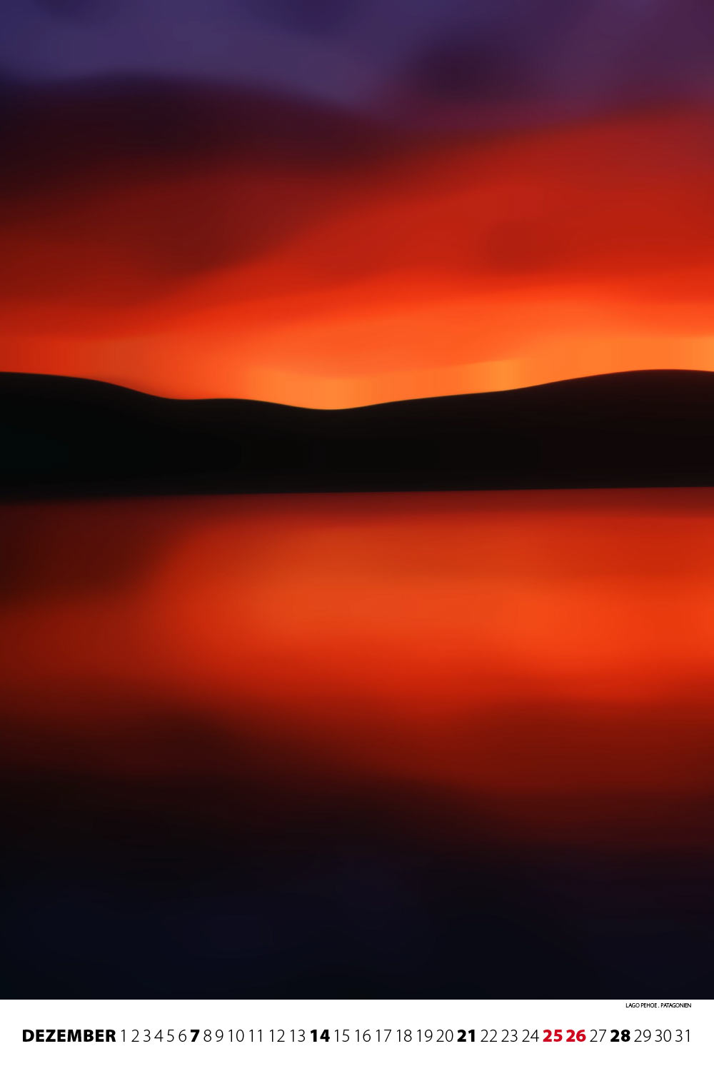 Lago Pehoe im Nationalpark Torres del Paine in Patagonien, Chile (Foto: Andreas Kuhrt 2004, Bearbeitung) . Fotokalender Bergrausch 2014 Fotoakut (Gestaltung: Designakut 2013)