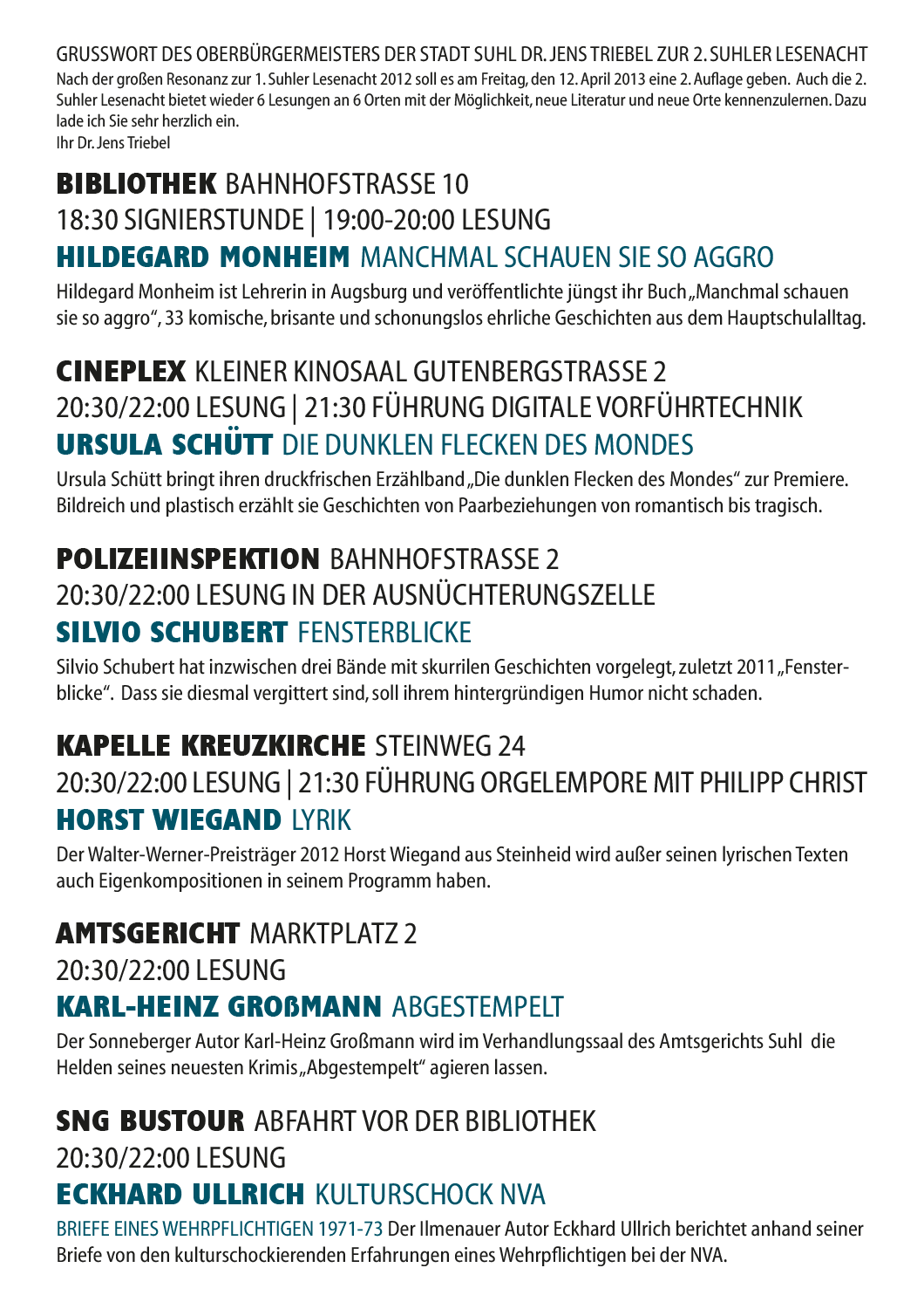Programm-Flyer zur 2. Suhler Lesenacht 2013