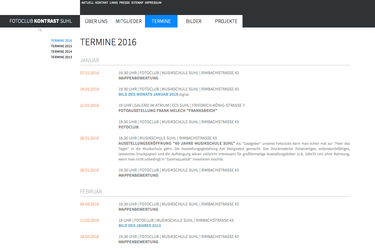 Termine 2016 . Fotoclub Kontrast Suhl . Website . 2013