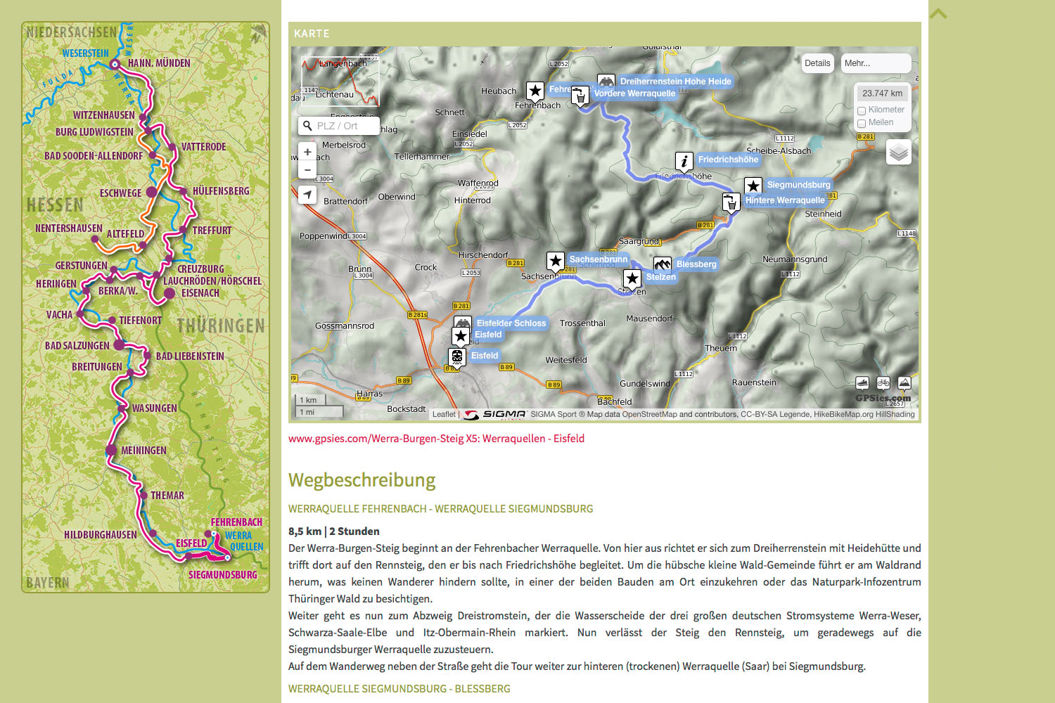 Der Weg: Tour 1 Karte (www.gpsies.com) . Werra Burgen Steig . Website . 2014