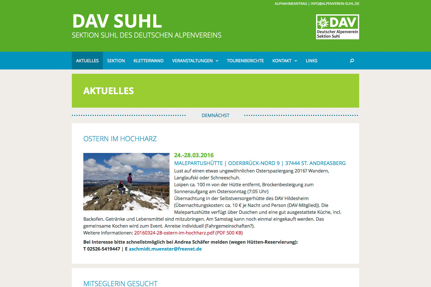 Startseite/Aktuell . Sektion Suhl des Deutschen Alpenvereins . Website . 2015