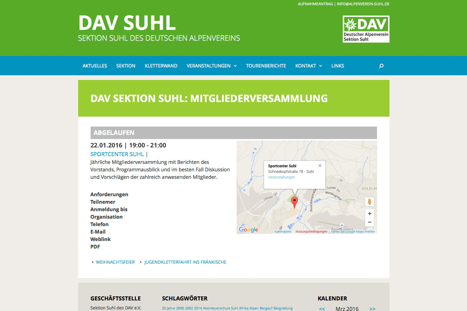 Veranstaltungen: Detailansicht . Sektion Suhl des Deutschen Alpenvereins . Website . 2015