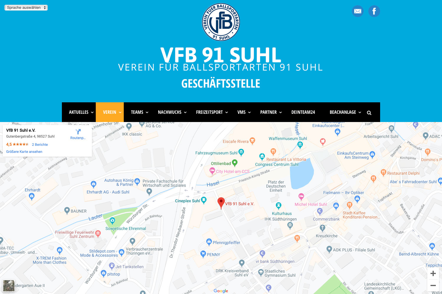 Seite: Geschäftsstelle . Website VfB 91 Suhl (Web Design: Designakut 2019)
