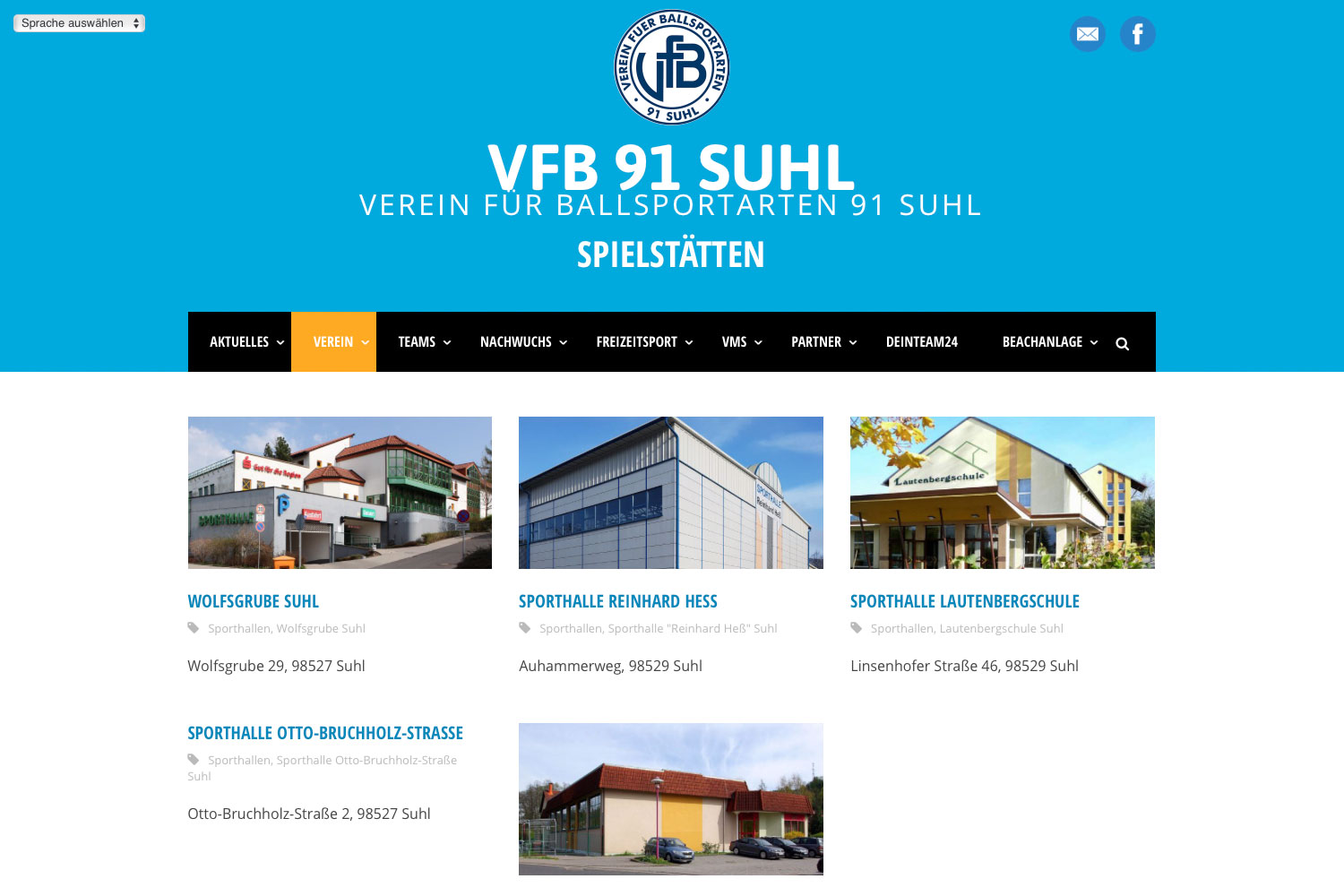 Übersicht: Sporthallen . Website VfB 91 Suhl (Web Design: Designakut 2019)