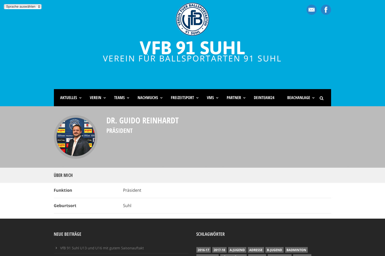 Vorstand: Vereins-Präsident Guido Reinhardt . Website VfB 91 Suhl (Web Design: Designakut 2019)
