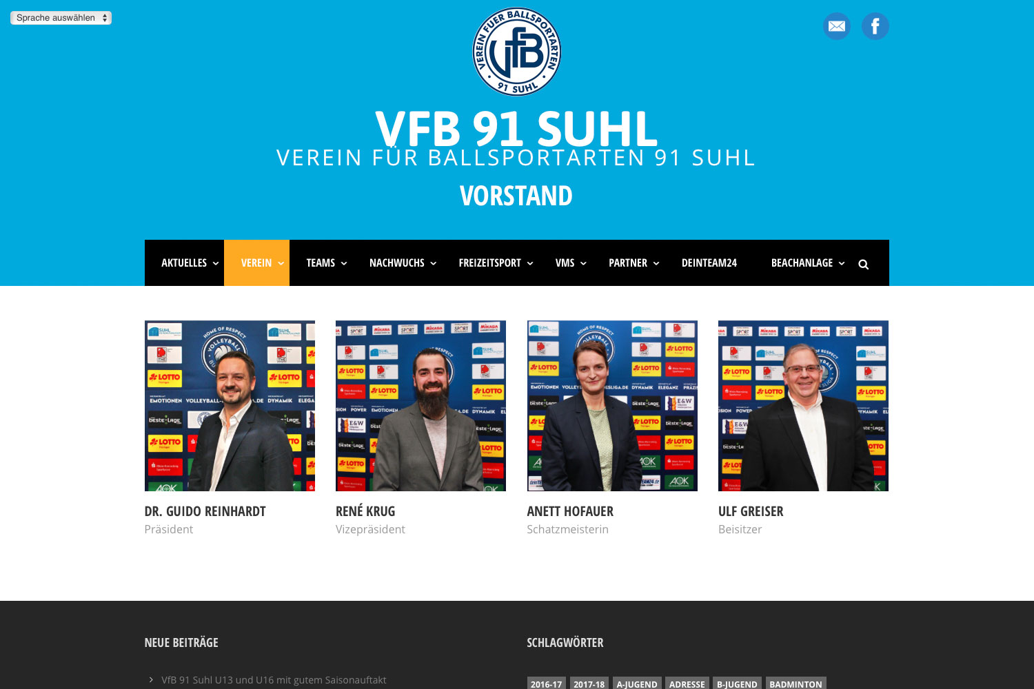 Übersicht: Vorstand . Website VfB 91 Suhl (Web Design: Designakut 2019)