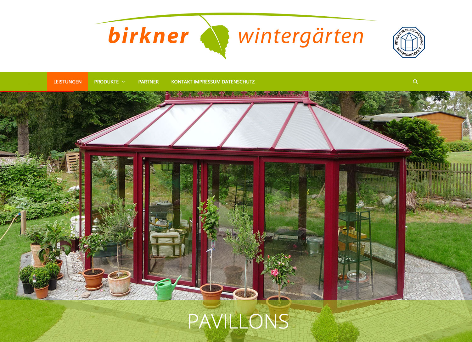 Startseite: Pavillons (Logo hover) . Birkner Wintergärten . Website (Webdesign: Designakut 2019, Foto: Birkner)