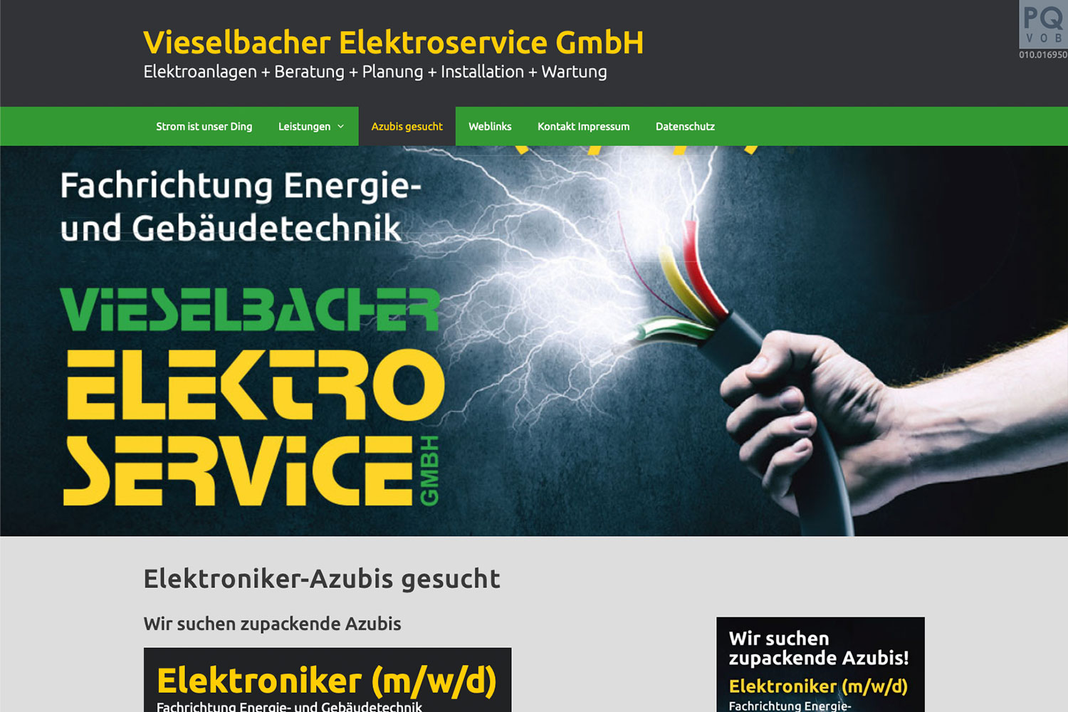 Website Vieselbacher Elektroservice: Azubis gesucht (Web Design: Designakut 2020)