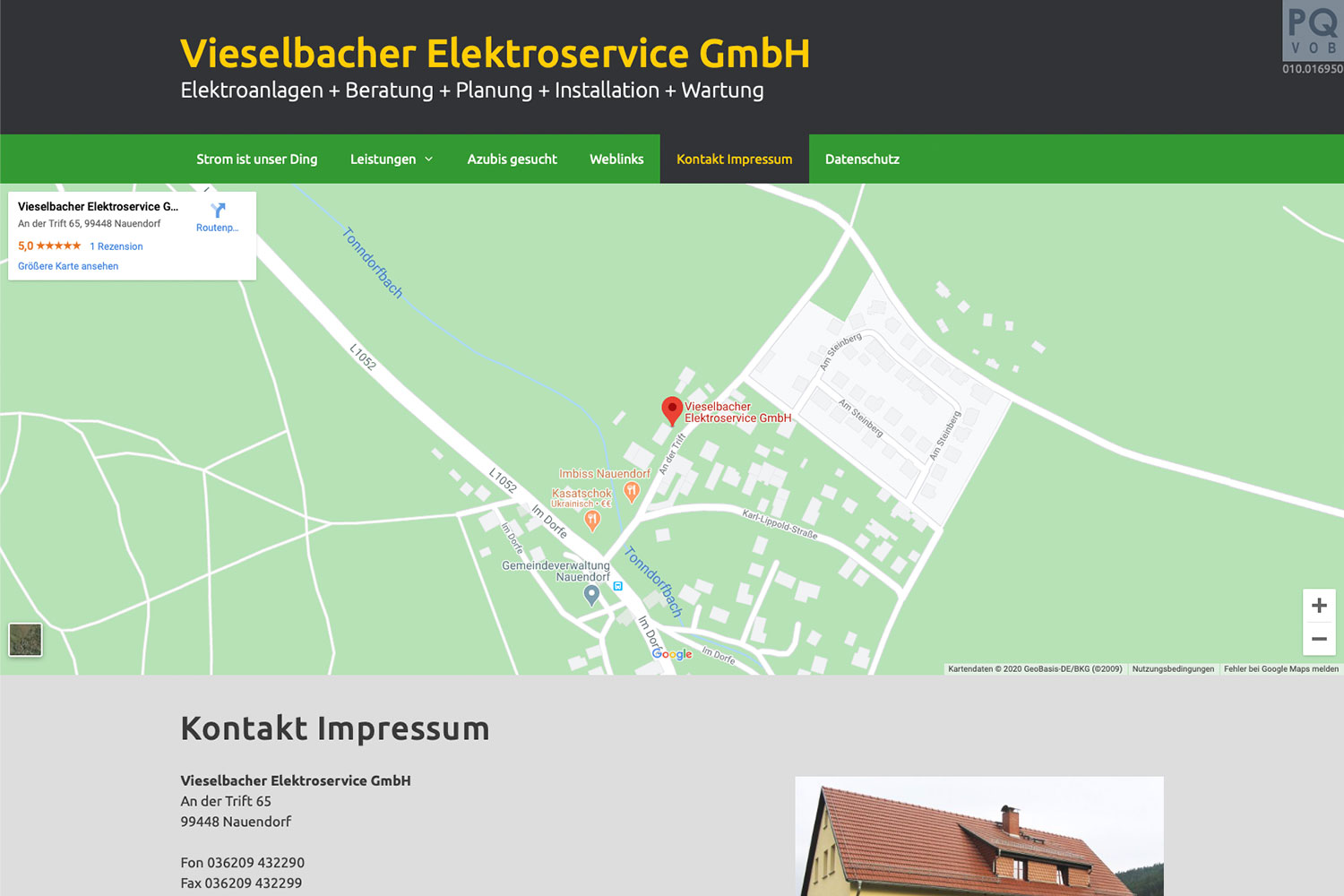 Website Vieselbacher Elektroservice: Kontakt (Web Design: Designakut 2020)