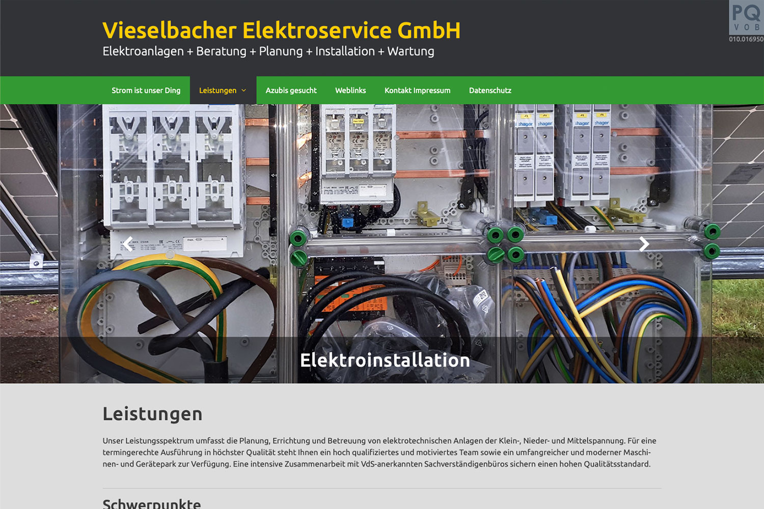 Website Vieselbacher Elektroservice: Leistungen (Web Design: Designakut 2020)