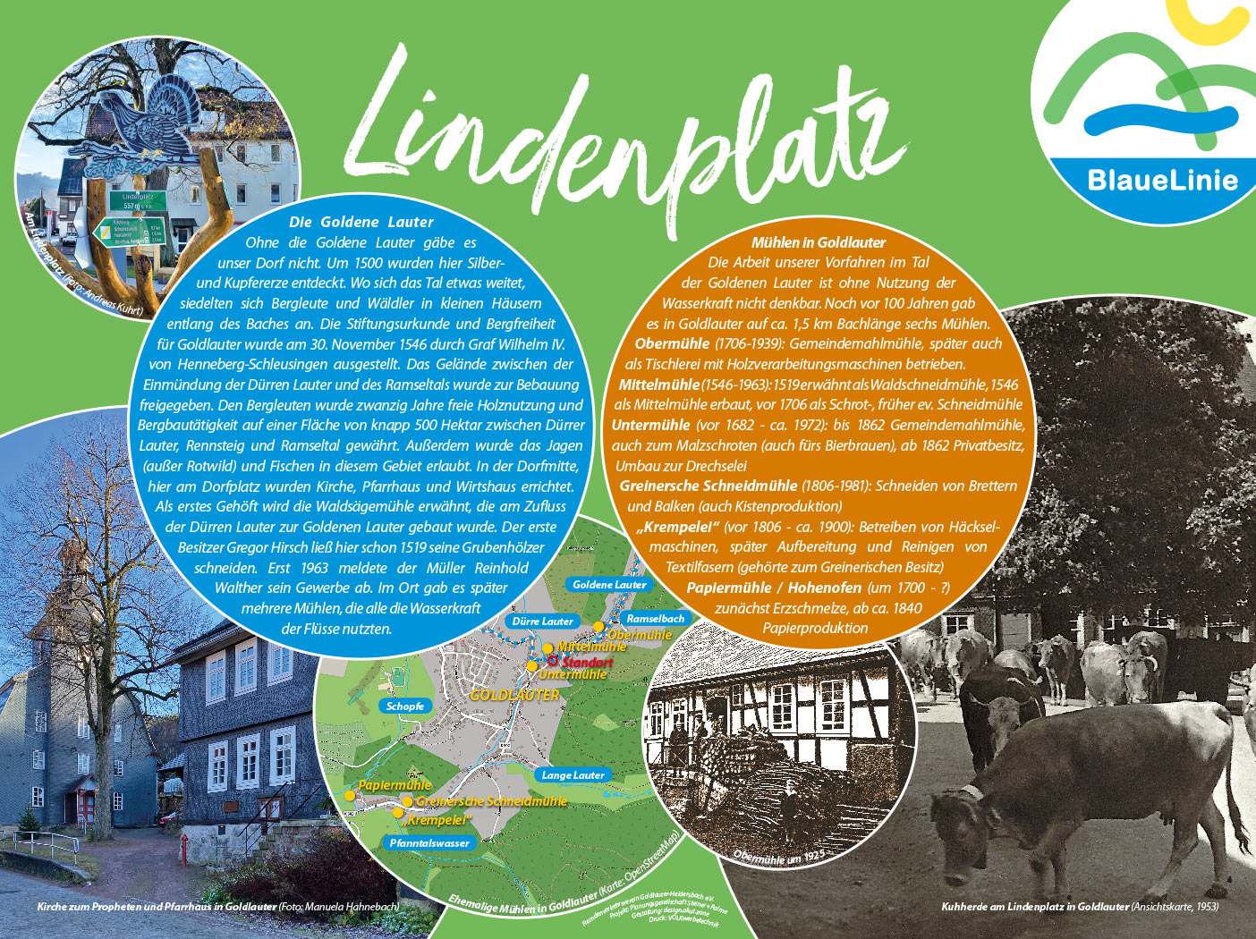 Infotafeln für Wanderweg BlaueLinie Goldlauter-Heidersbach: Lindenplatz (Grafikdesign: design.akut.zone 2020/21)