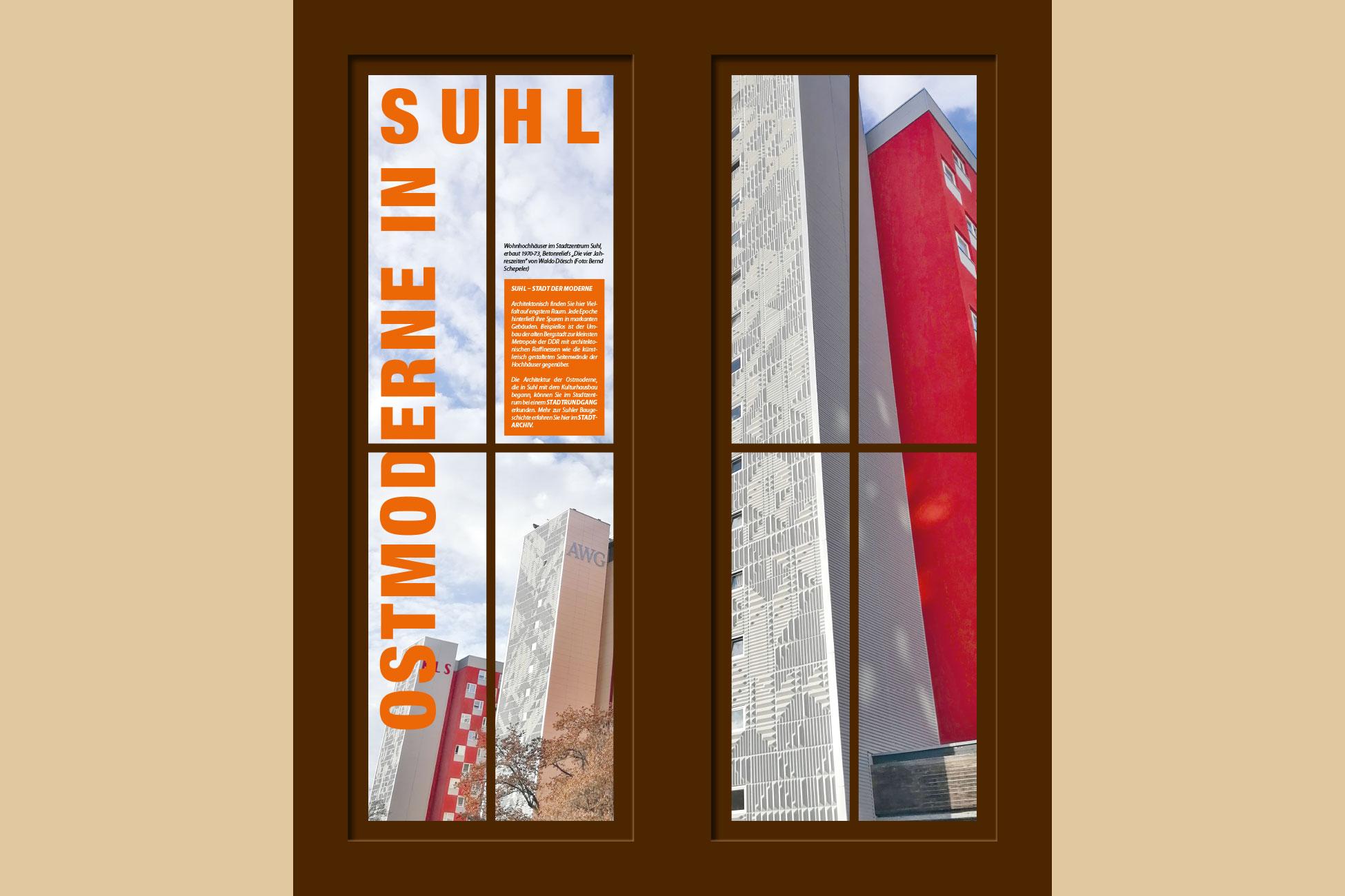 Portalgebäude Suhl (Plakate außen): Ostmoderne (Foto: Bernd Schepeler, Gestaltung: design.akut.zone 2021)