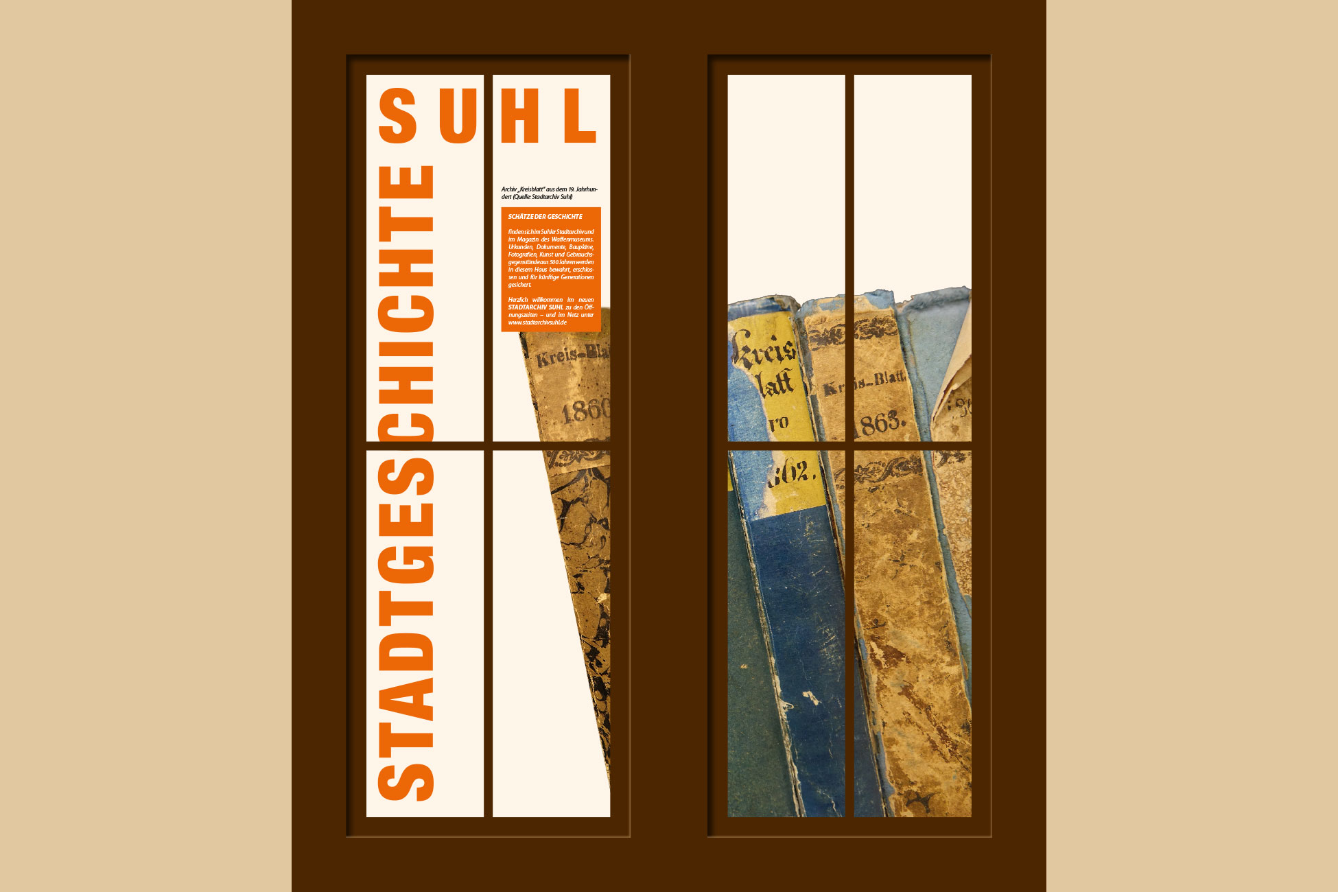 Portalgebäude Suhl (Plakate außen): Stadtgeschichte (Quelle: Stadtarchiv Suhl, Gestaltung: design.akut.zone 2021)