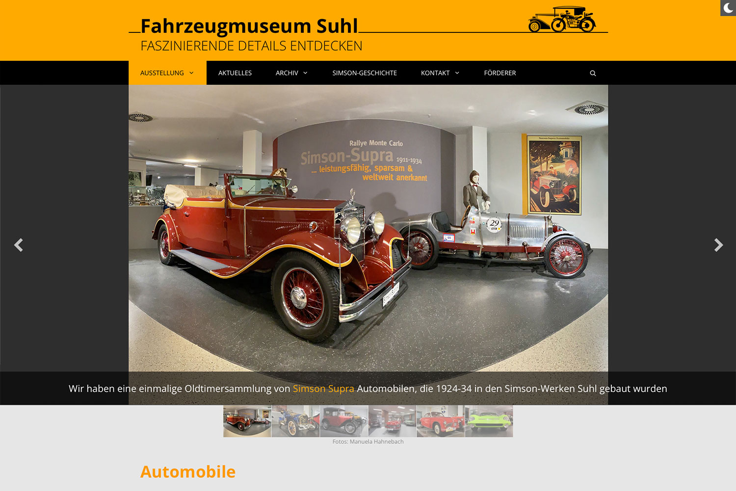 Website Fahrzeugmuseum Suhl: Ausstellung: Automobile (Designakut, WordPress, 2021)