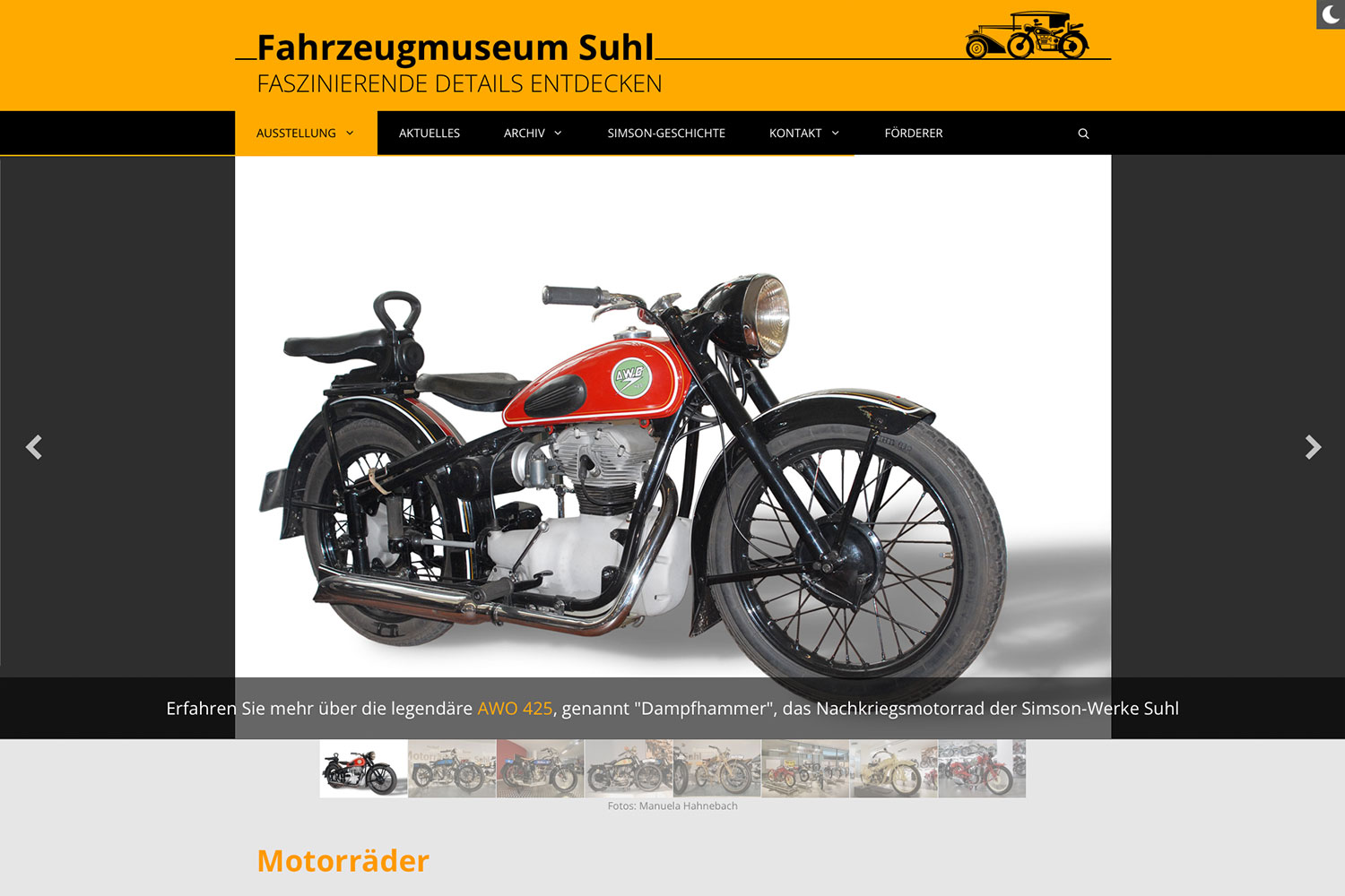 Website Fahrzeugmuseum Suhl: Ausstellung: Motorräder (Designakut, WordPress, 2021)