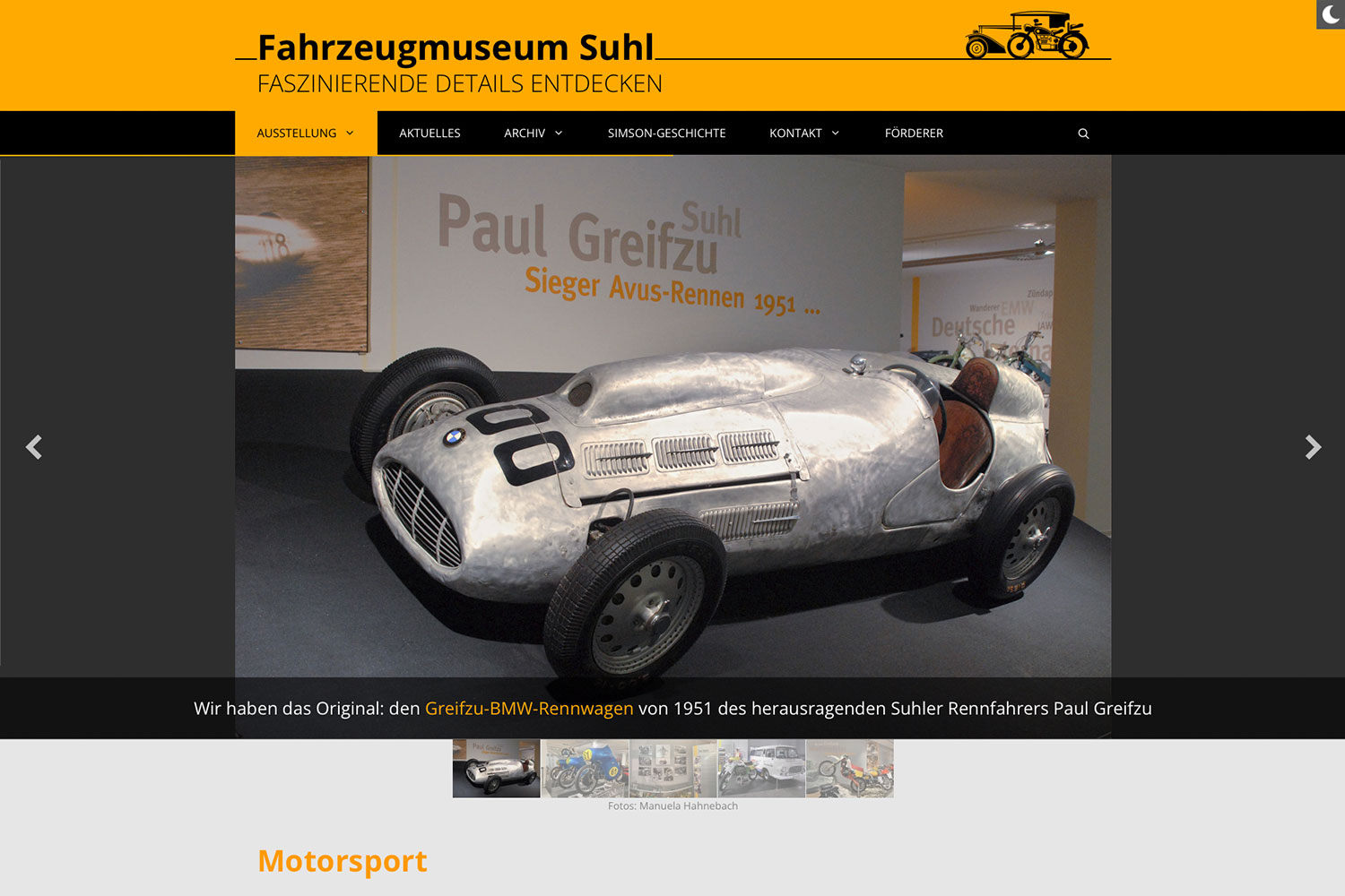 Website Fahrzeugmuseum Suhl: Ausstellung: Motorsport (Designakut, WordPress, 2021)