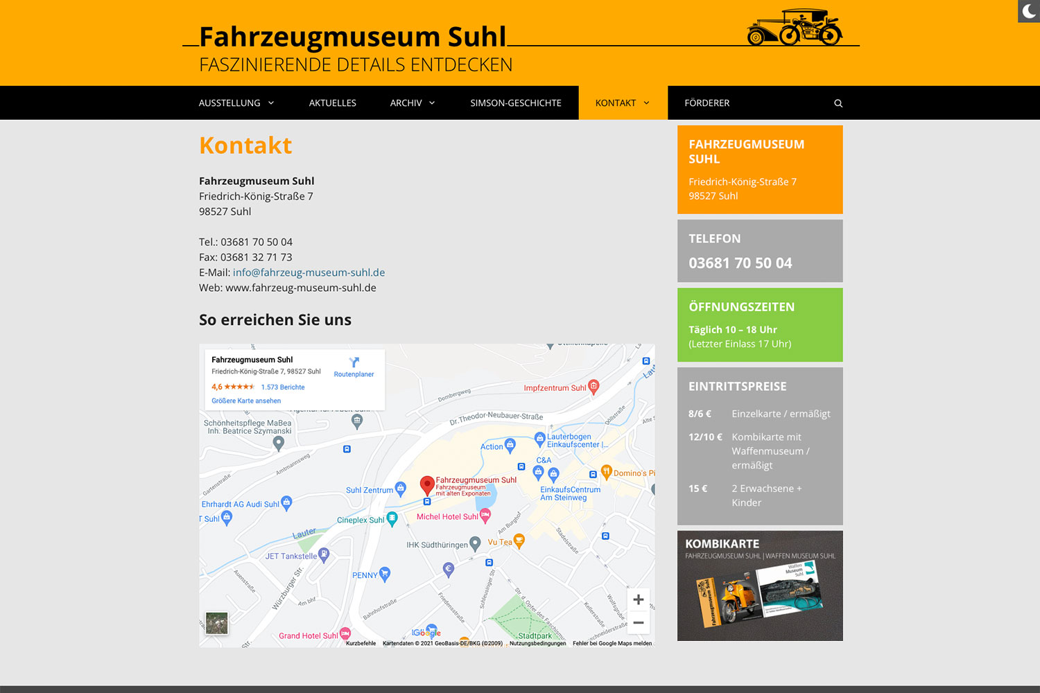 Website Fahrzeugmuseum Suhl: Kontakt (Designakut, WordPress, 2021)