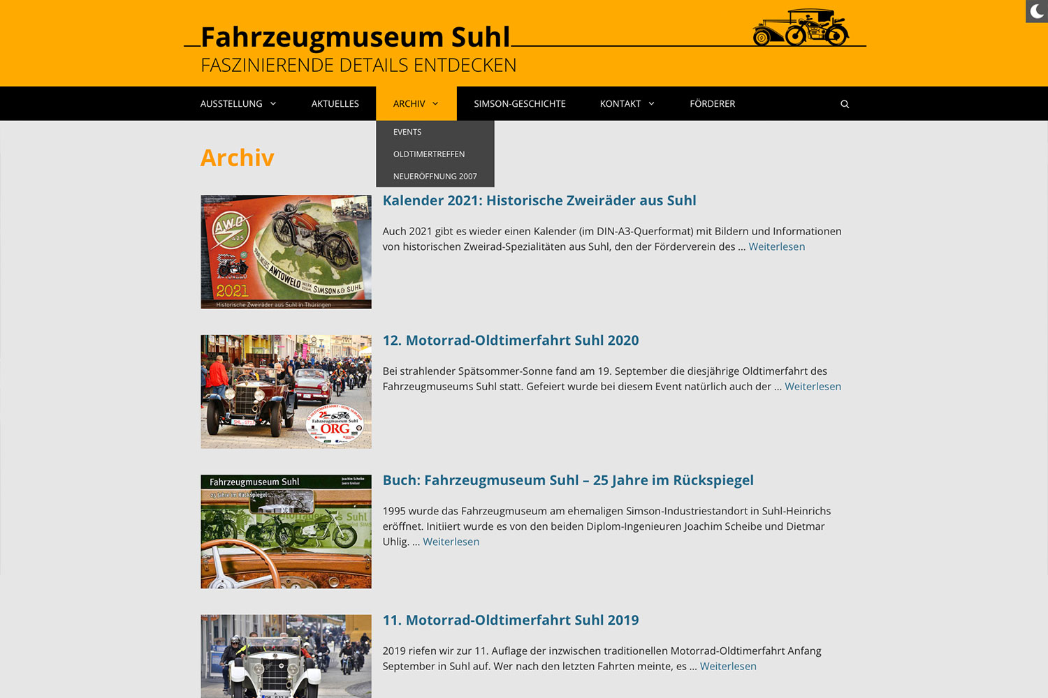 Website Fahrzeugmuseum Suhl: Archiv (Designakut, WordPress, 2021)