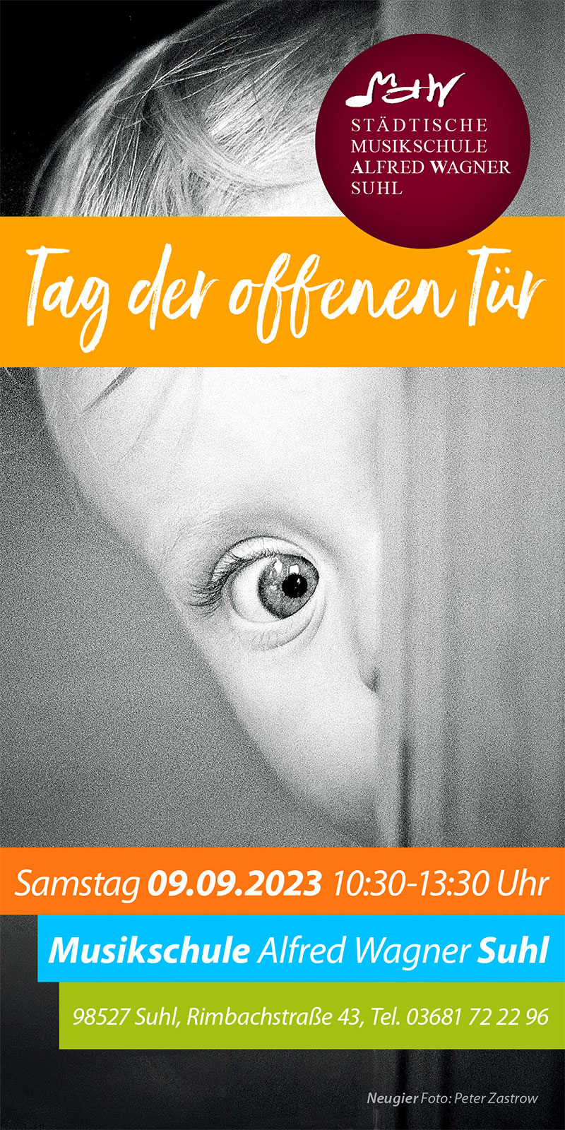 Musikschule Suhl: Tag der offenen Tür 2023 (Flyer, Hintergrundfoto: Neugier, Peter Zastrow)