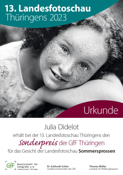 Urkunden zur 13. Landesfotoschau Thüringens 2023: Sonderpreis der GfF Thüringen: Julia Didelot "Sommersprossen"