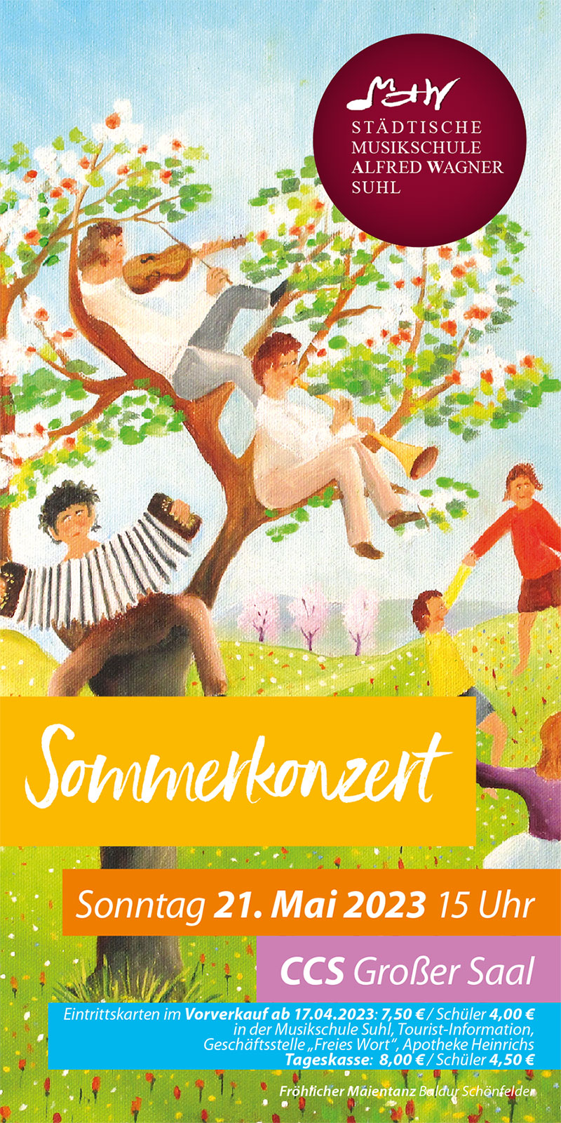 Musikschule Suhl: Sommerkonzert 2023 (Flyer, Hintergrundbild: Baldur Schönfelder: Tanz in den Mai)