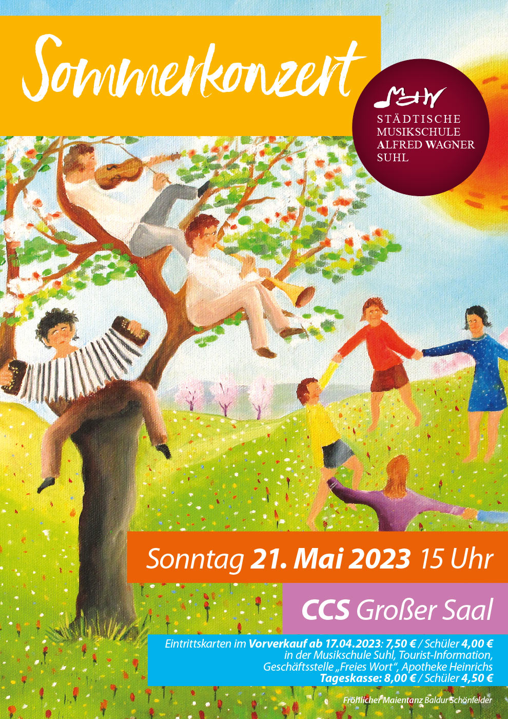 Musikschule Suhl: Sommerkonzert 2023 (Plakat, Hintergrundbild: Baldur Schönfelder: Tanz in den Mai)