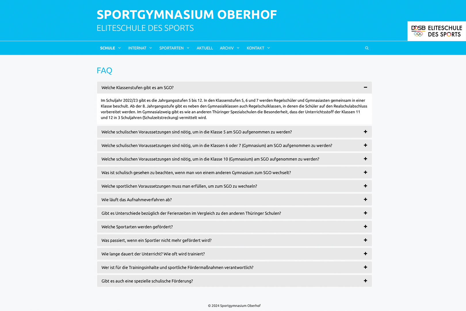 Website Sportgymnasium Oberhof: Schule: FAQ (WebDesign: Designakut 2024)