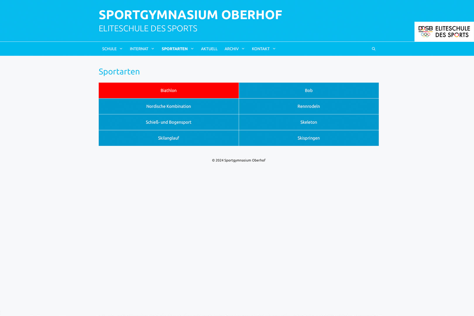Website Sportgymnasium Oberhof: Sportarten-Auswahl (WebDesign: Designakut 2024)