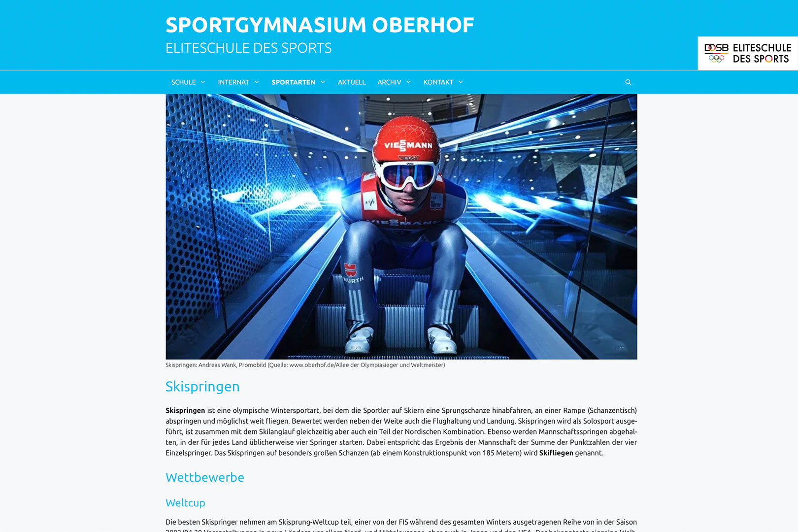 Website Sportgymnasium Oberhof: Sportarten: Skispringen (WebDesign: Designakut 2024)