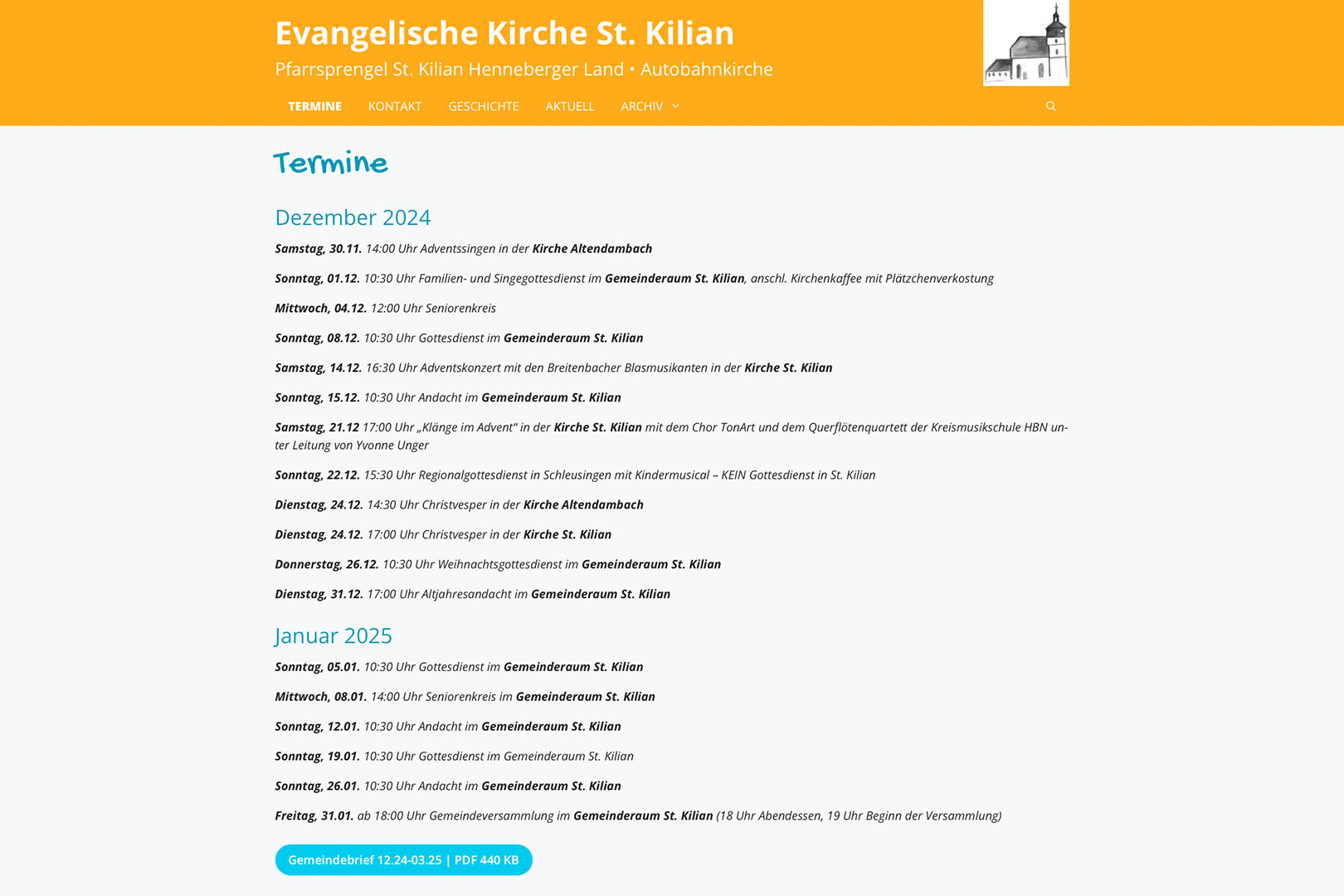 Website St. Kilian Kirche: Termine (WebDesign: Designakut 2024)