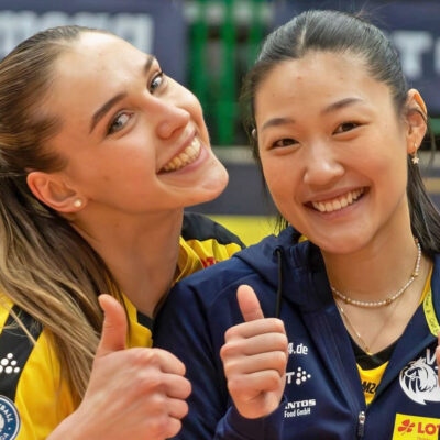 Volleyball-Bundesliga: VfB Suhl Lotto Thüringen: Anna Artyshuk und Yina Liu (25.01.2025, Wolfsgrube Suhl, Quelle: Facebook)