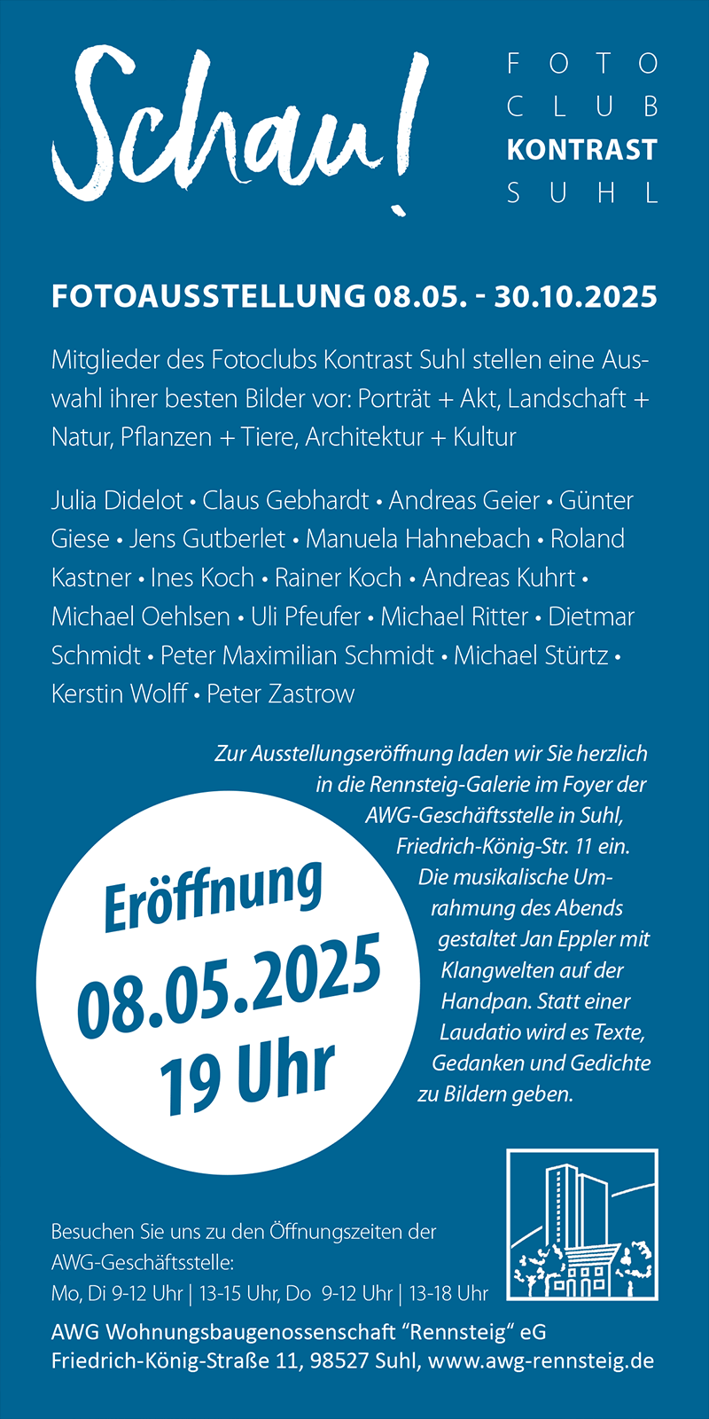 Flyer Schau!: Fotoclub-Kontrast-Ausstellung 2025 in der Rennsteig-Galerie Suhl (Gestaltung: design.akut.zone)