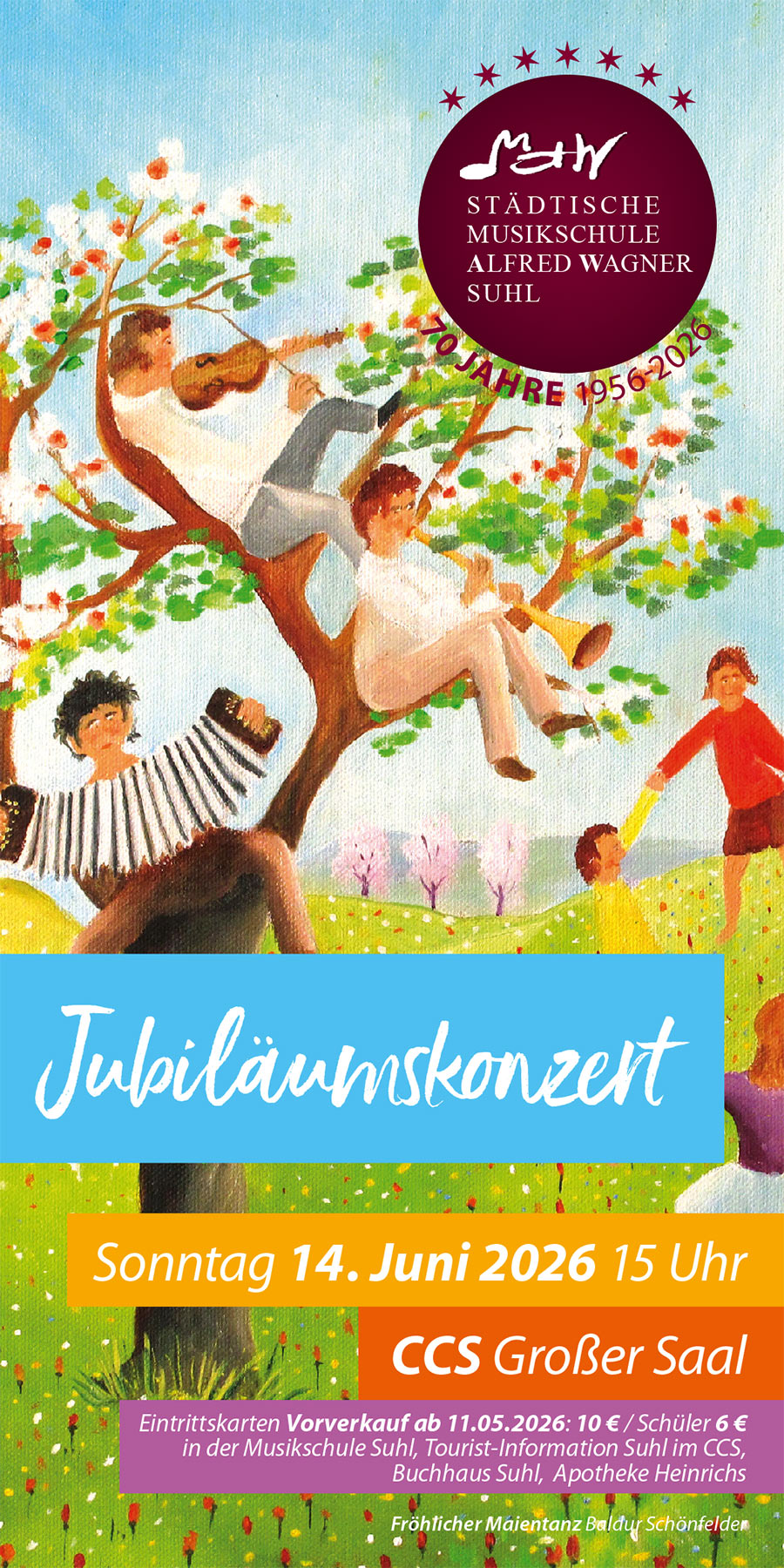 Musikschule Suhl: Jubiläumskonzert 2026, Flyer (Malerei: Baldur Schönfelder, Gestaltung: Andreas Kuhrt)