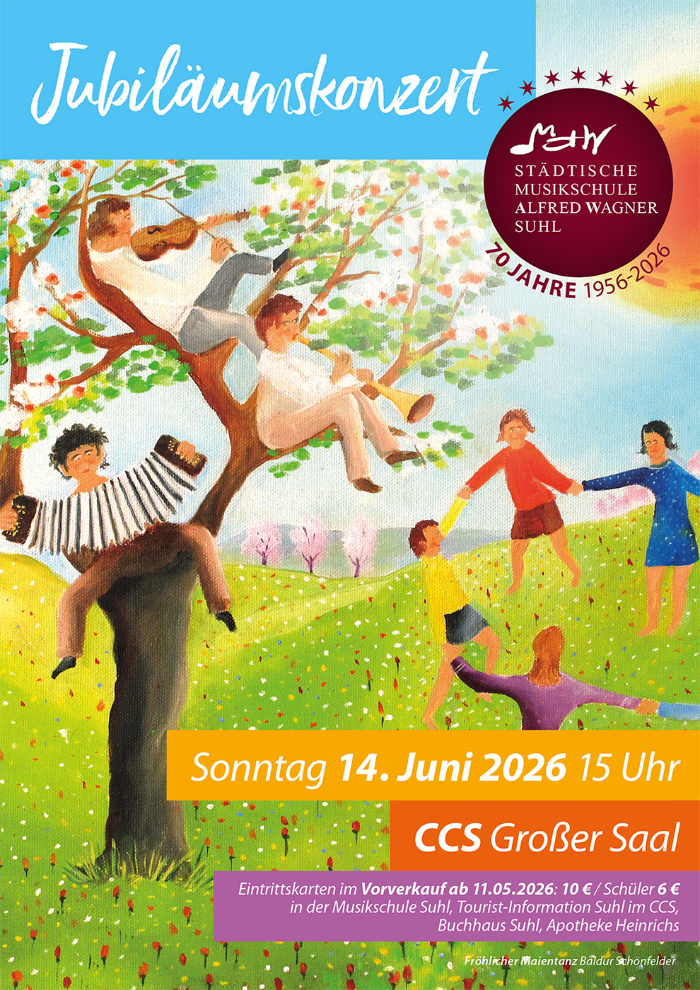 Musikschule Suhl: Jubiläumskonzert 2026, Plakat (Malerei: Baldur Schönfelder, Gestaltung: Andreas Kuhrt)