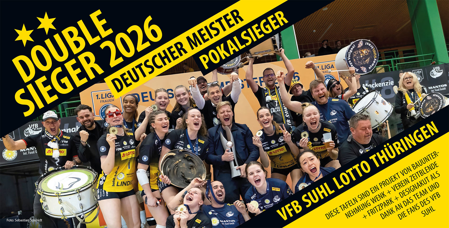 VfB Suhl LOTTO Thüringen: Doublesieger 2026: Deutscher Meister, 22.04.2026, Wolfsgrube Suhl (Bauzaunbanner, Foto: Sebastian Schmidt)
