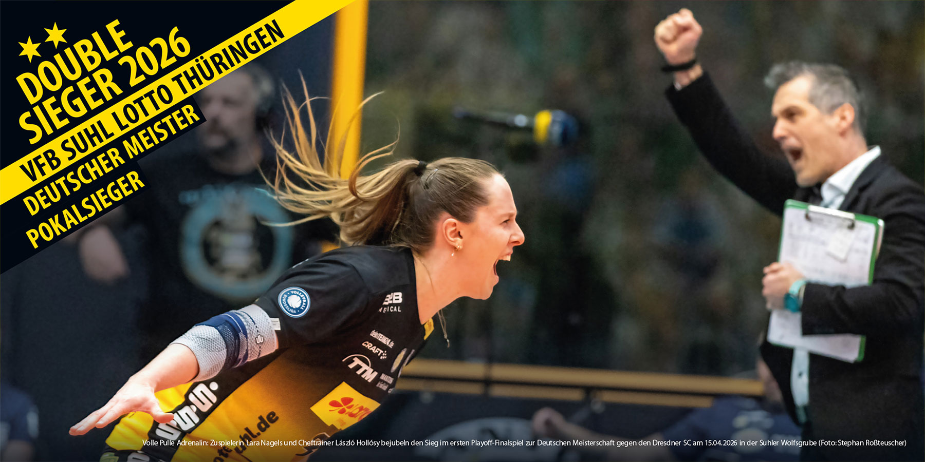Openair-Ausstellung 2026 (2): VfB Suhl LOTTO Thüringen: Doublesieger 2026: Lara Nagels + László Hollósy bejubeln den Sieg (1. Playoff-Finale, Wolfsgrube Suhl, 15.04.2026)