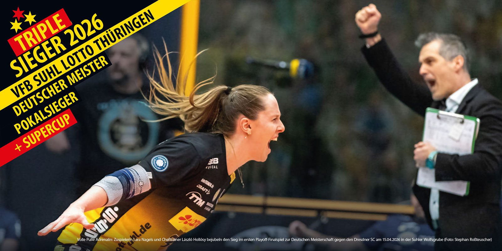 Openair-Ausstellung 2026: VfB Suhl LOTTO Thüringen: Triplesieger 2026: Lara Nagels + László Hollósy bejubeln den Sieg (1. Playoff-Finale, Wolfsgrube Suhl, 15.04.2026)