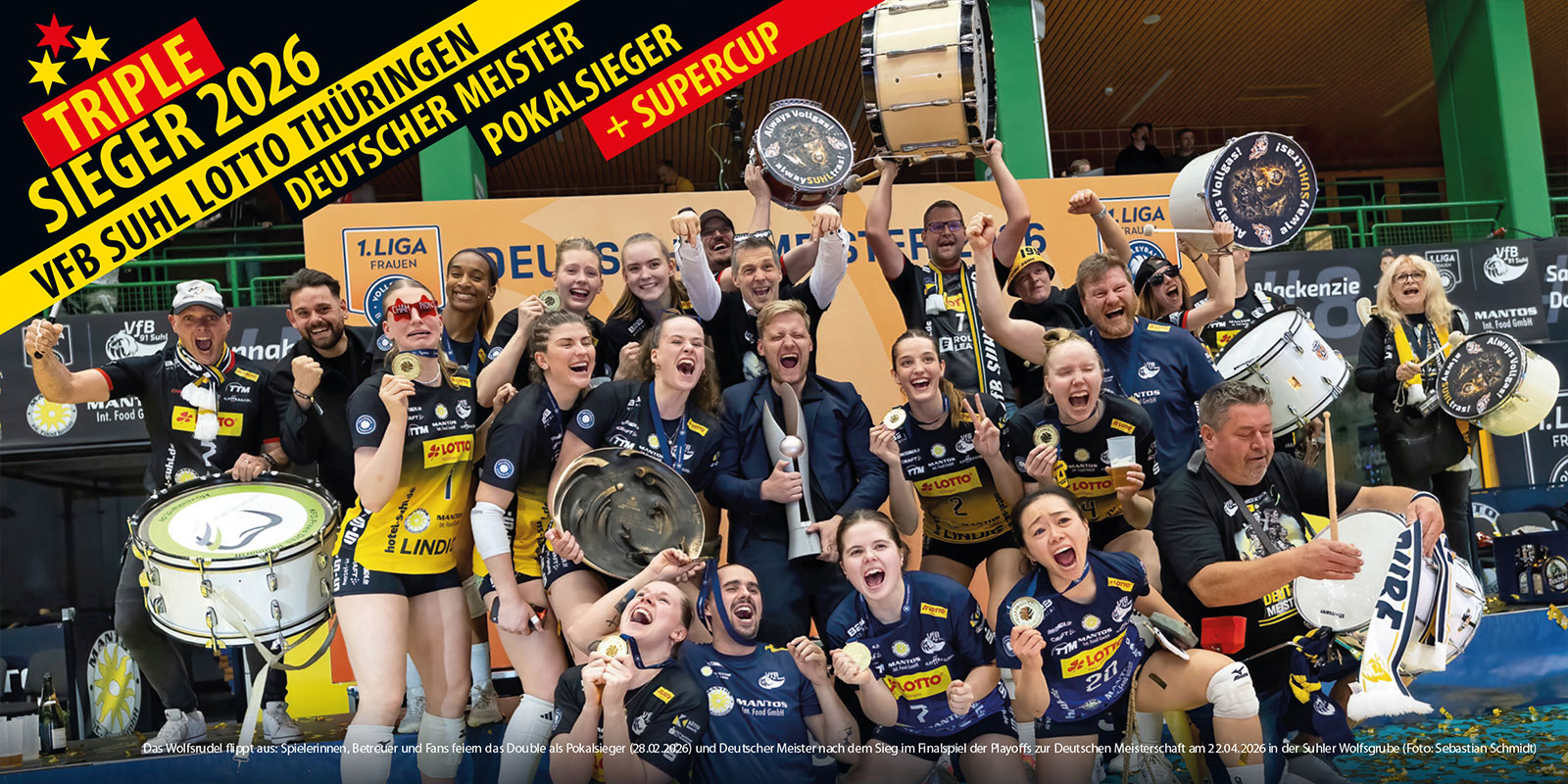 Openair-Ausstellung 2026: VfB Suhl LOTTO Thüringen: Triplesieger 2026: Meisterfeier: Wolfsrudel-Team + Fanclub (3. Playoff-Finale, Wolfsgrube Suhl, 22.04.2026)