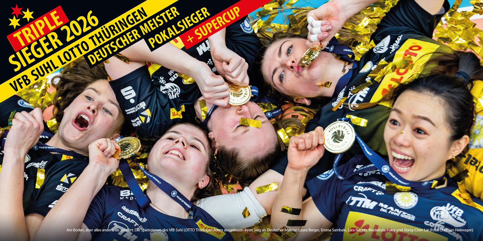 Openair-Ausstellung 2026: VfB Suhl LOTTO Thüringen: Triplesieger 2026: Meisterfeier: Laura Berger, Emma Sambale, Lara Nagels, Mackenzie Foley + Xiang-Chen Lai (3. Playoff-Finale, Wolfsgrube Suhl, 22.04.2026)