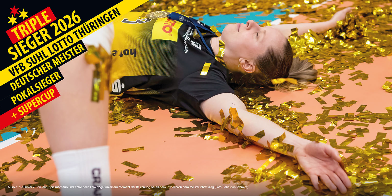 Openair-Ausstellung 2026: VfB Suhl LOTTO Thüringen: Triplesieger 2026: Meisterfeier: Lara Nagels in einem Moment der Besinnung (3. Playoff-Finale, Wolfsgrube Suhl, 22.04.2026)